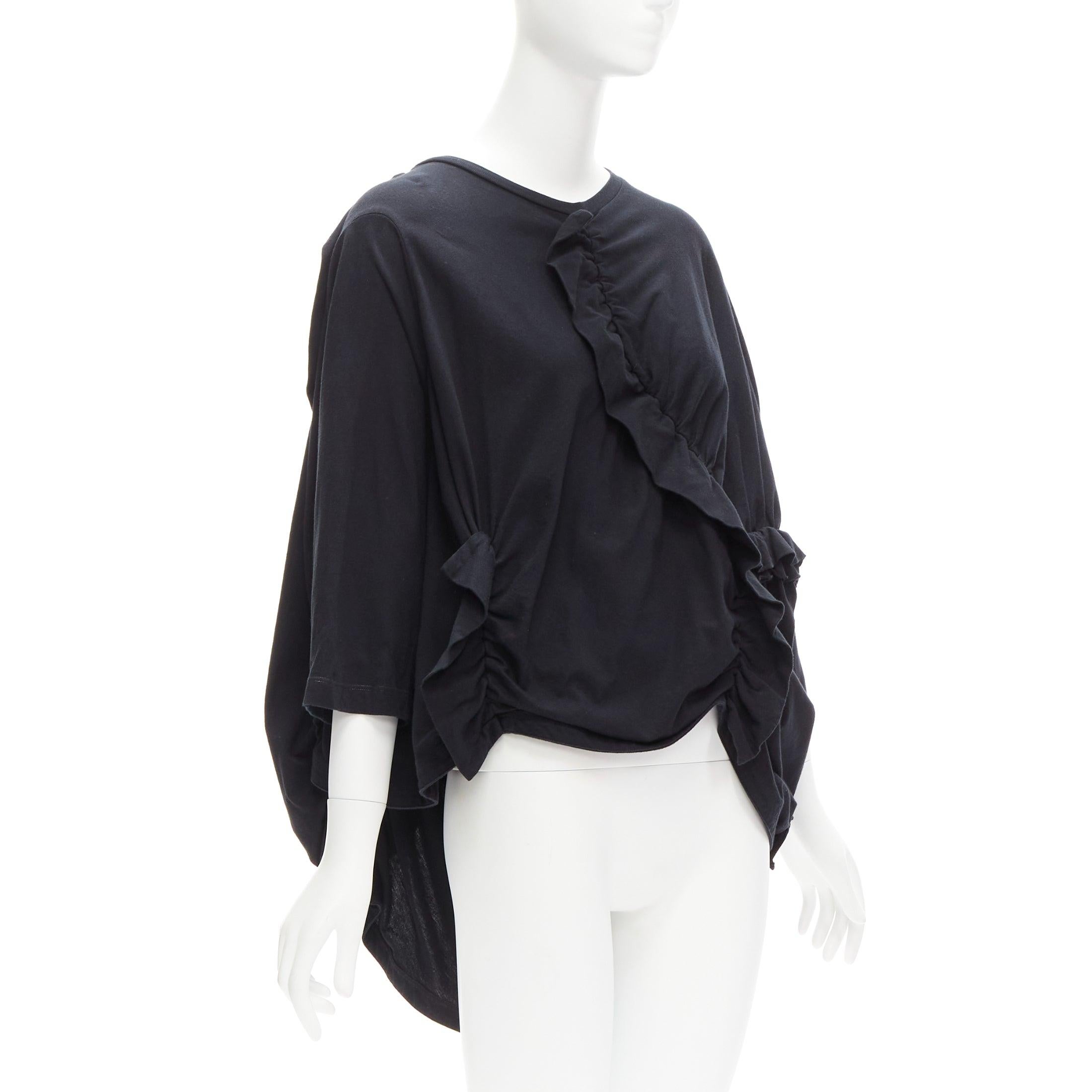 Black MARNI black 100% cotton gathered ruffles 3/4 sleeves boxy top IT36 XS For Sale