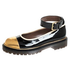 Marni Black and Gold Patent Leather Ankle Strap Ballet Flats Size 39