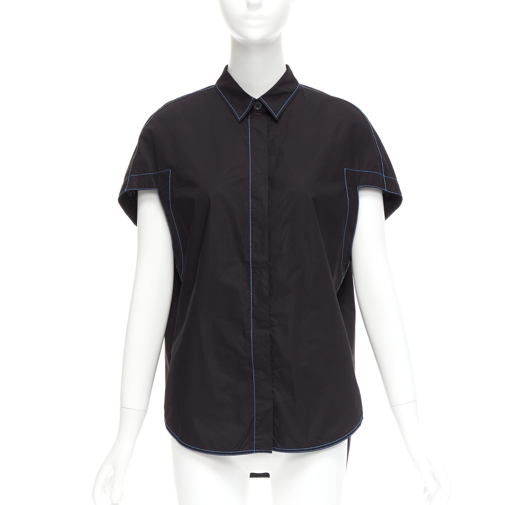 Pre-owned Marni Black Blue Topstitched Round Shoulder 3d Cut Boxy Shirt It40 S