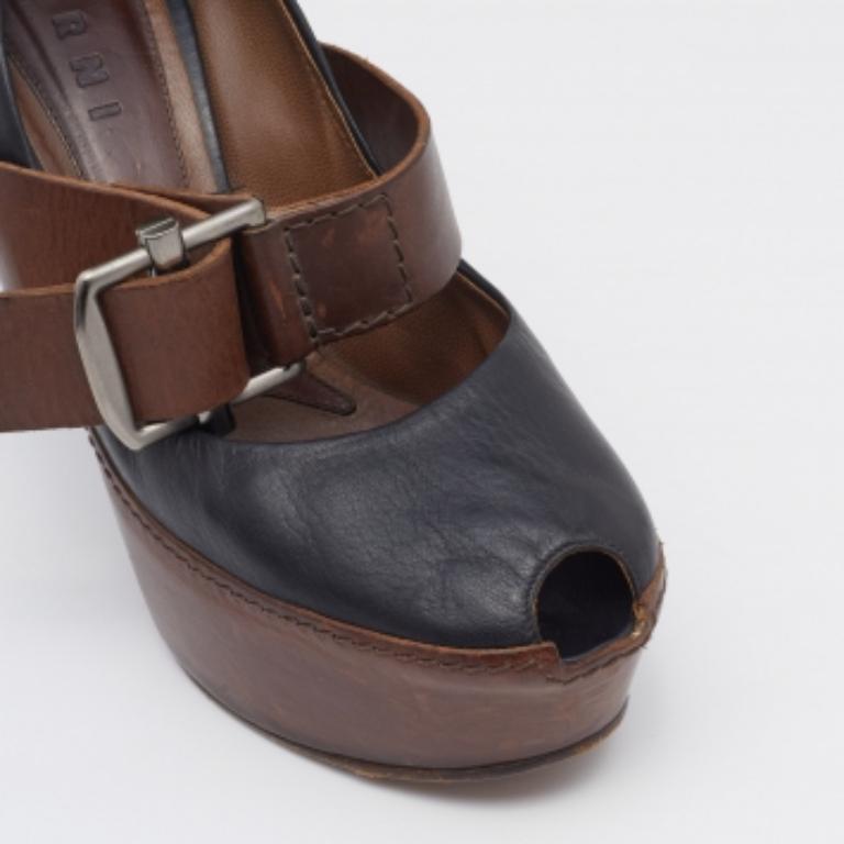 Marni Black/Brown Leather Mary Jane Peep Toe Platform Pumps Size 40 1