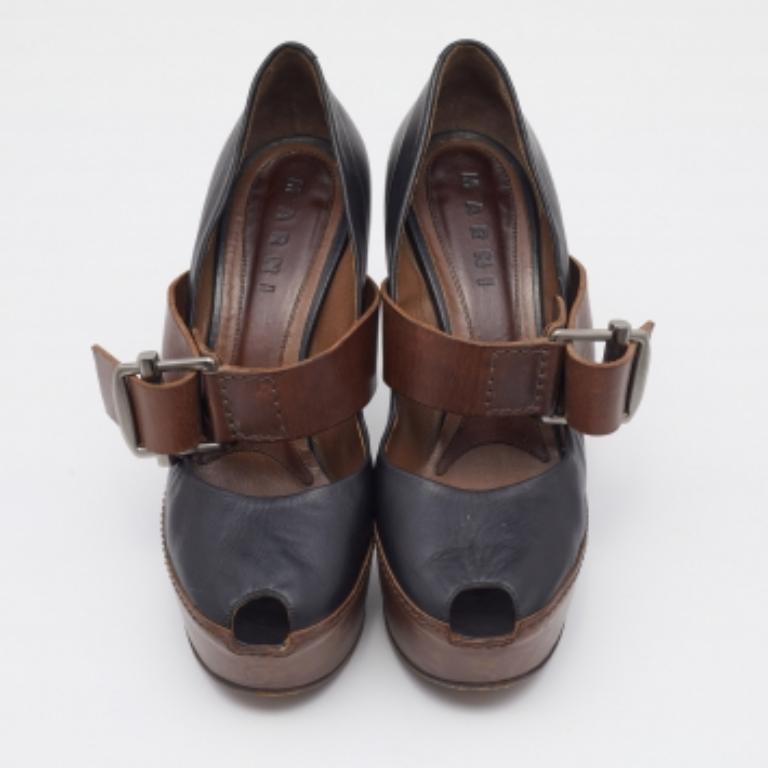 Marni Black/Brown Leather Mary Jane Peep Toe Platform Pumps Size 40 5