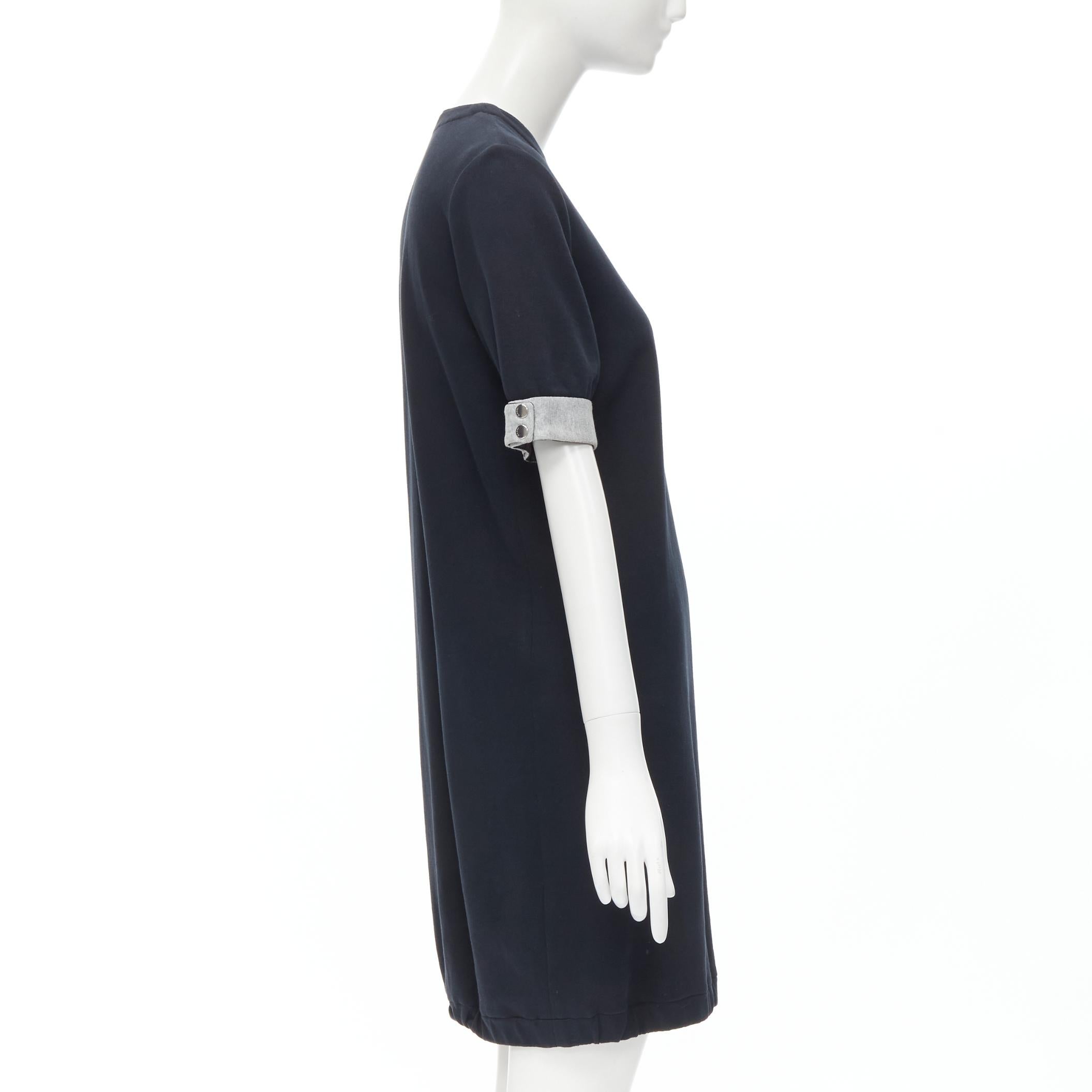MARNI black cotton grey cuff silver snap button detail casual dress UK12 M In Excellent Condition For Sale In Hong Kong, NT