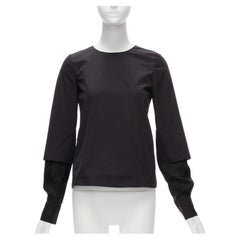 MARNI black cotton layered sleeves minimal crew neck blouse top FR36 S