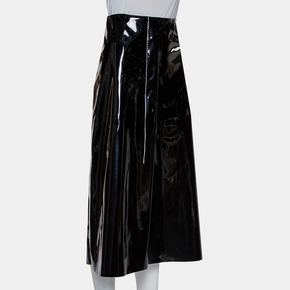 Marni Black Faux Patent Leather Hanging Thread Detail Midi Skirt M In New Condition For Sale In Dubai, Al Qouz 2
