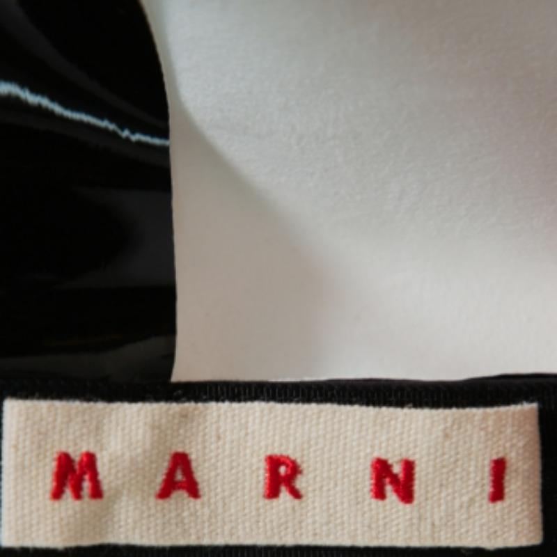 Women's Marni Black Faux Patent Leather Hanging Thread Detail Midi Skirt M For Sale