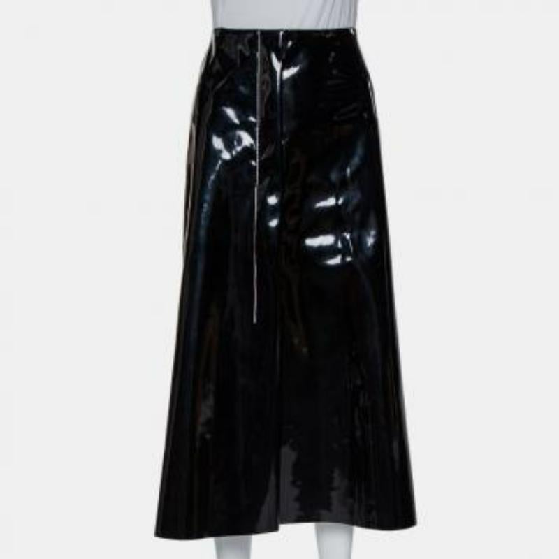 Marni Black Faux Patent Leather Hanging Thread Detail Midi Skirt M For Sale 4