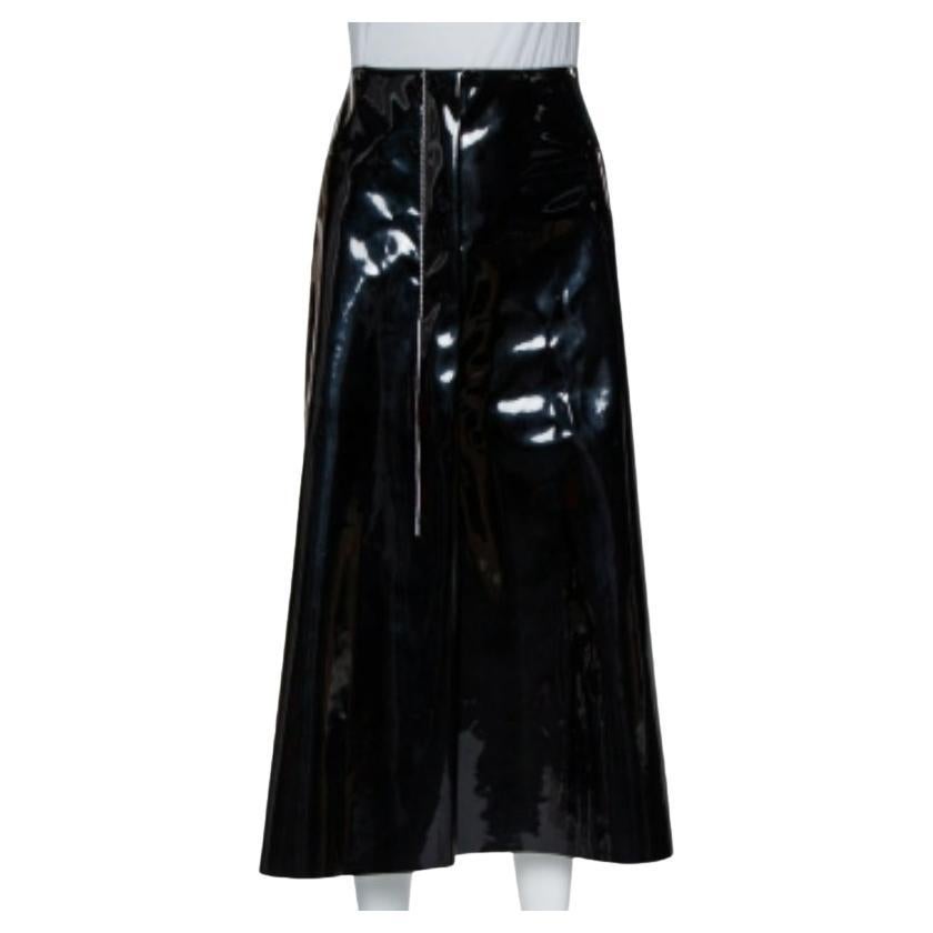 Marni Black Faux Patent Leather Hanging Thread Detail Midi Skirt M For Sale