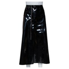 Marni Black Faux Patent Leather Hanging Thread Detail Midi Skirt M