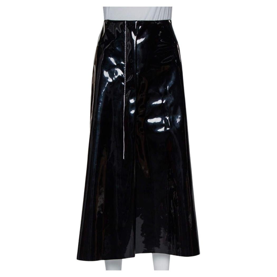 Marni Black Faux Patent Leather Hanging Thread Detail Midi Skirt M For Sale