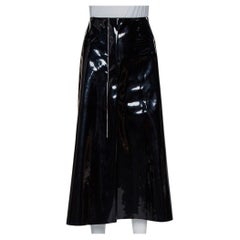 Marni Black Faux Patent Leather Hanging Thread Detail Midi Skirt M
