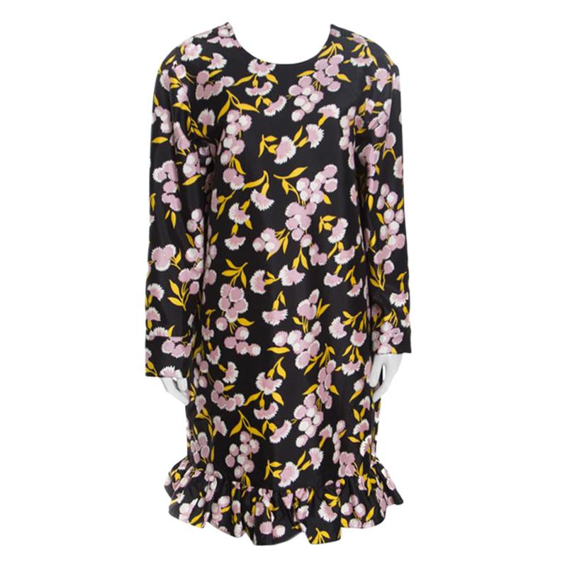 Marni Black Floral Printed Cotton Silk Ruffled Sistowbell Dress M