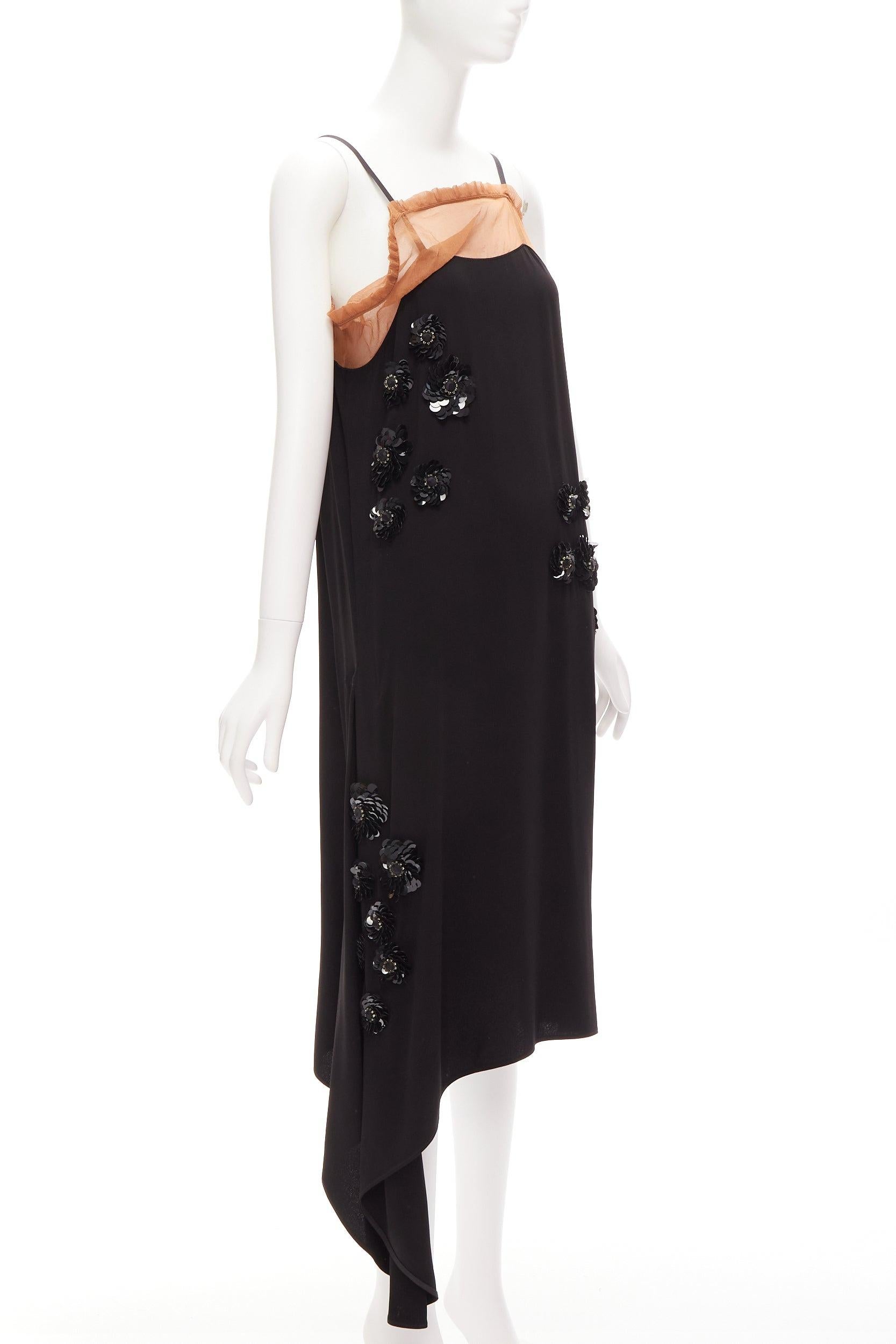 MARNI black floral sequins embellishment nude ruffle slip dress IT38 XS In Good Condition For Sale In Hong Kong, NT