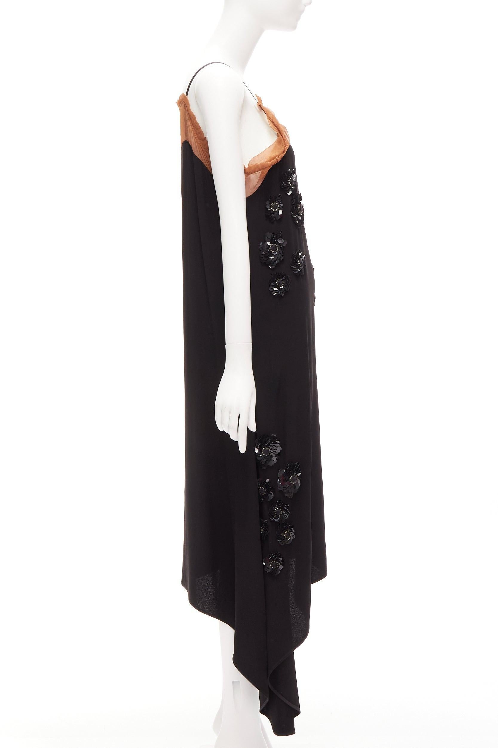 Women's MARNI black floral sequins embellishment nude ruffle slip dress IT38 XS For Sale