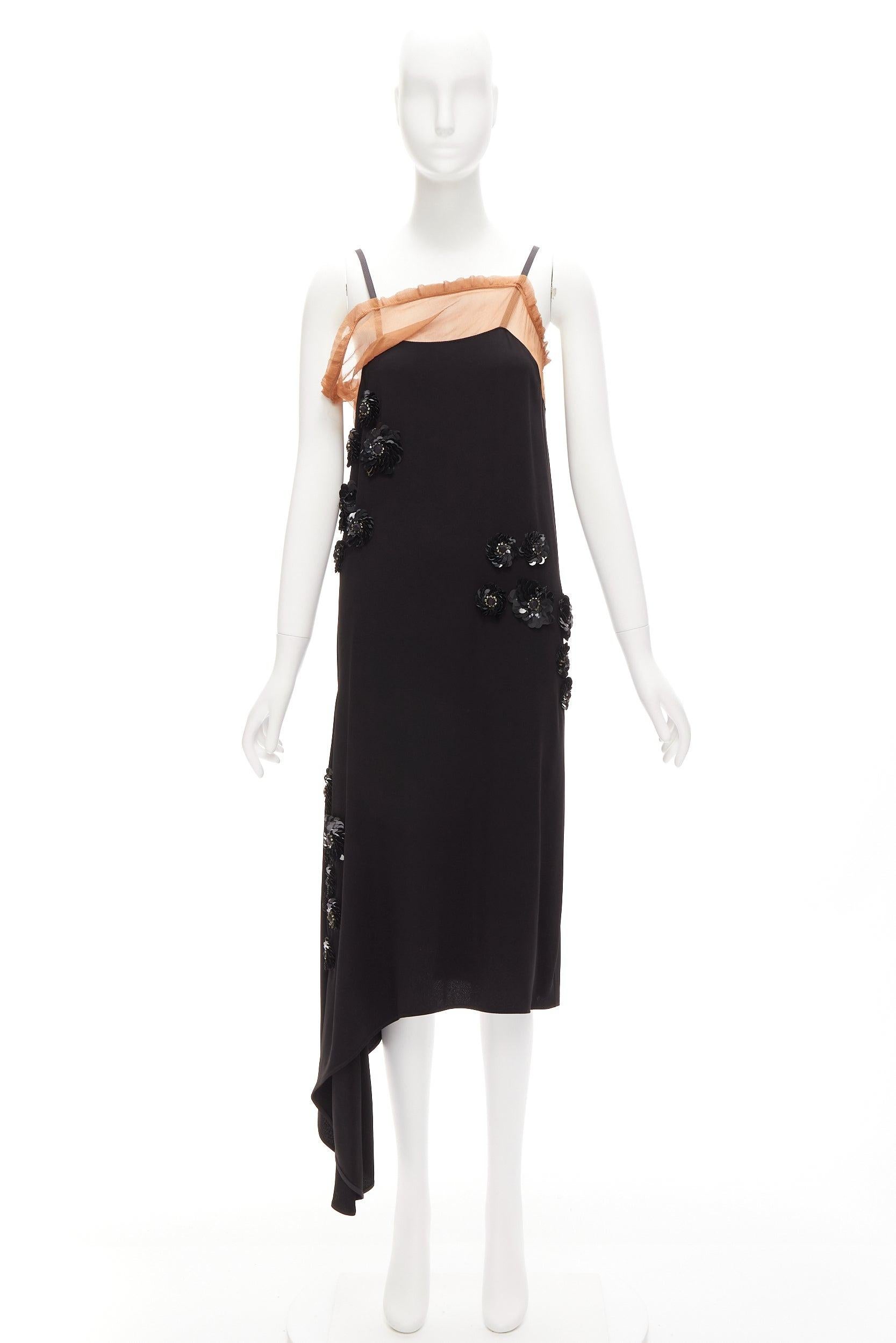MARNI black floral sequins embellishment nude ruffle slip dress IT38 XS For Sale 5
