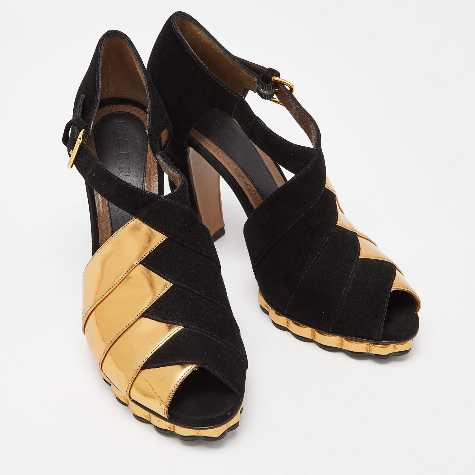Women's Marni Black/Gold Suede and Leather Peep Toe Platform Sandals Size 40.5 For Sale