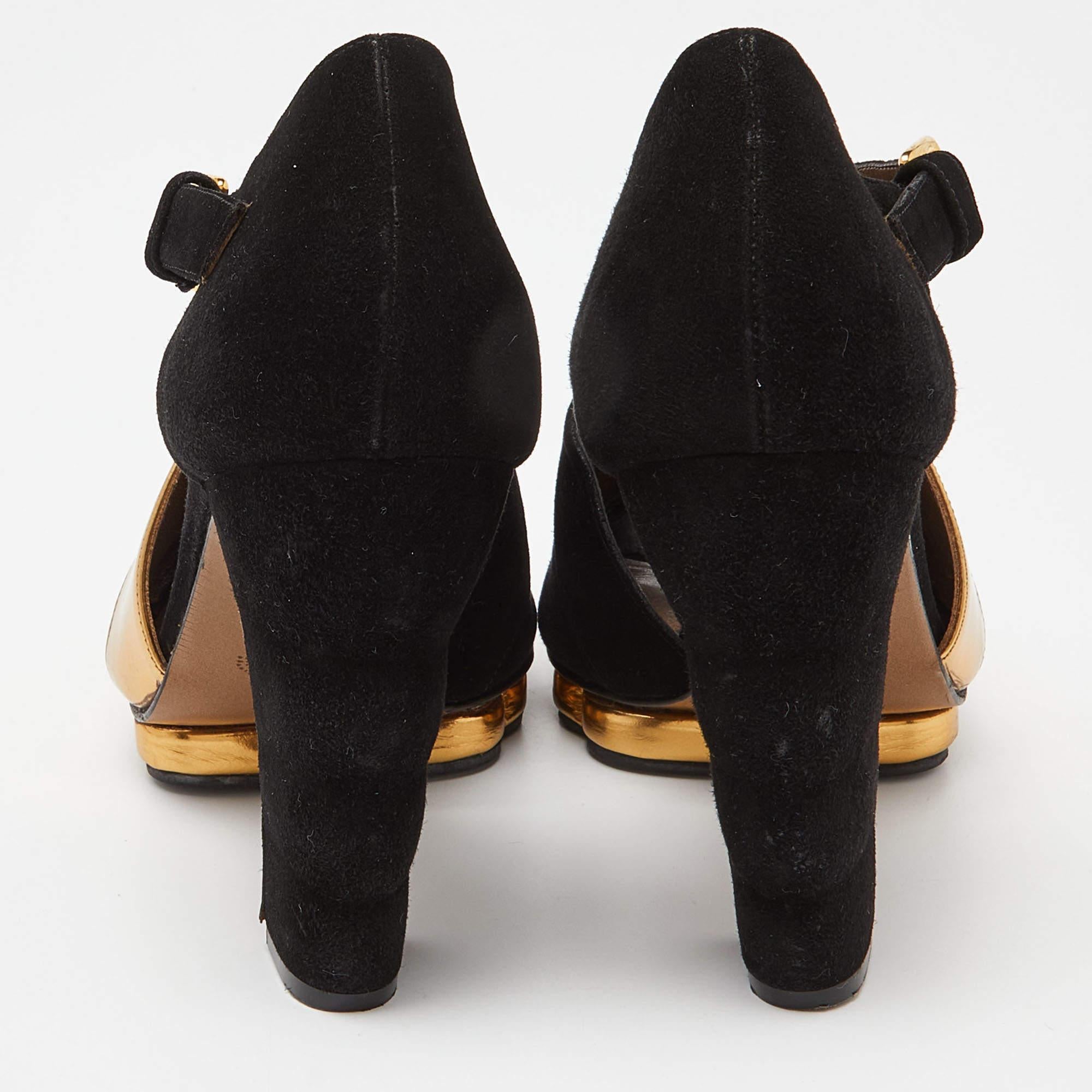 Marni Black/Gold Suede and Leather Peep Toe Platform Sandals Size 40.5 For Sale 1