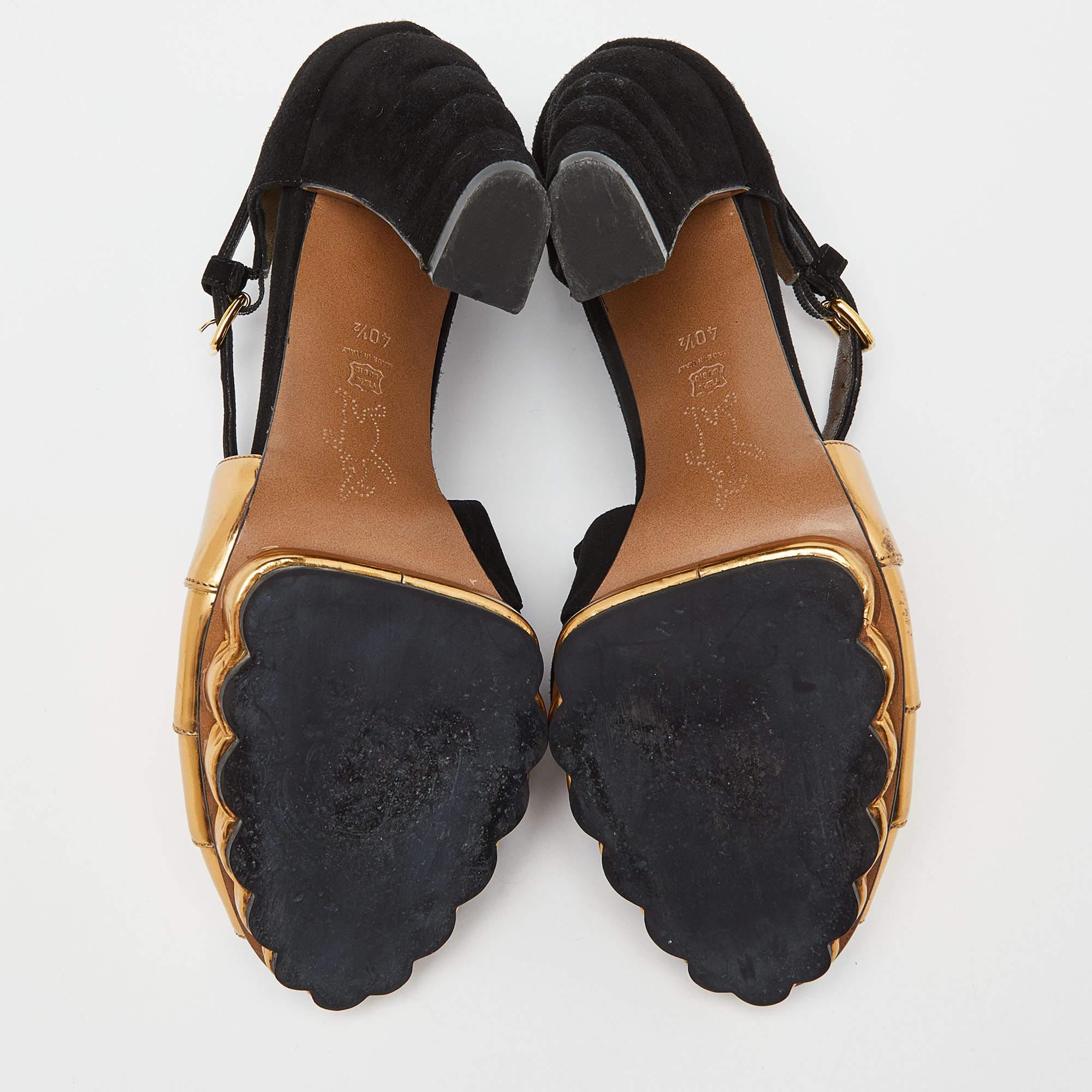 Marni Black/Gold Suede and Leather Peep Toe Platform Sandals Size 40.5 For Sale 2