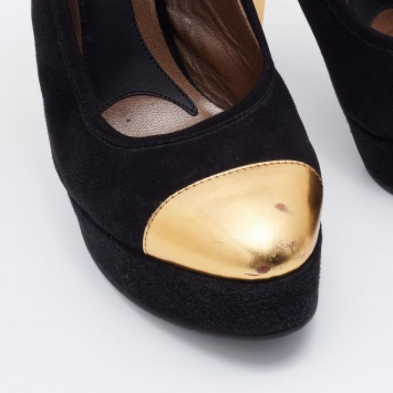 Noir Marni Plateformes en cuir et daim noir/doré Escarpins à bride cheville Taille 39 en vente