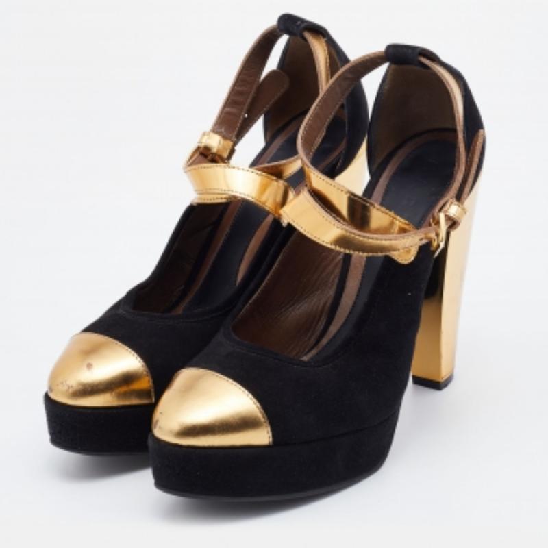 Marni Plateformes en cuir et daim noir/doré Escarpins à bride cheville Taille 39 Bon état - En vente à Dubai, Al Qouz 2