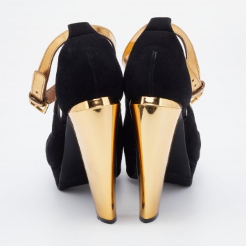 Marni Plateformes en cuir et daim noir/doré Escarpins à bride cheville Taille 39 Pour femmes en vente