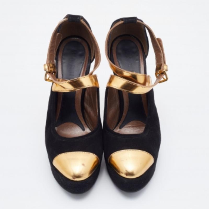 Marni Plateformes en cuir et daim noir/doré Escarpins à bride cheville Taille 39 en vente 3