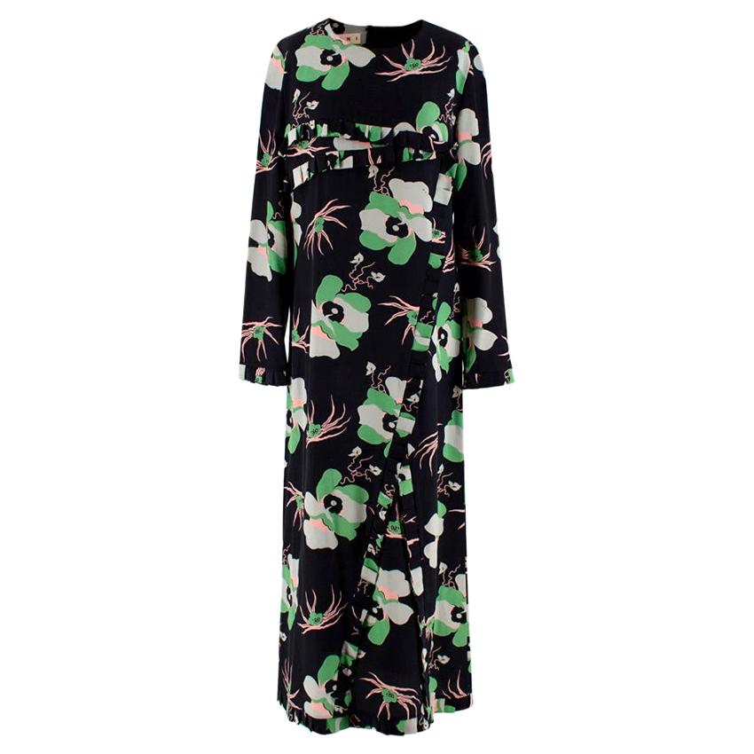 Marni Black & Green Floral Silk Long Dress - Size US 8 For Sale
