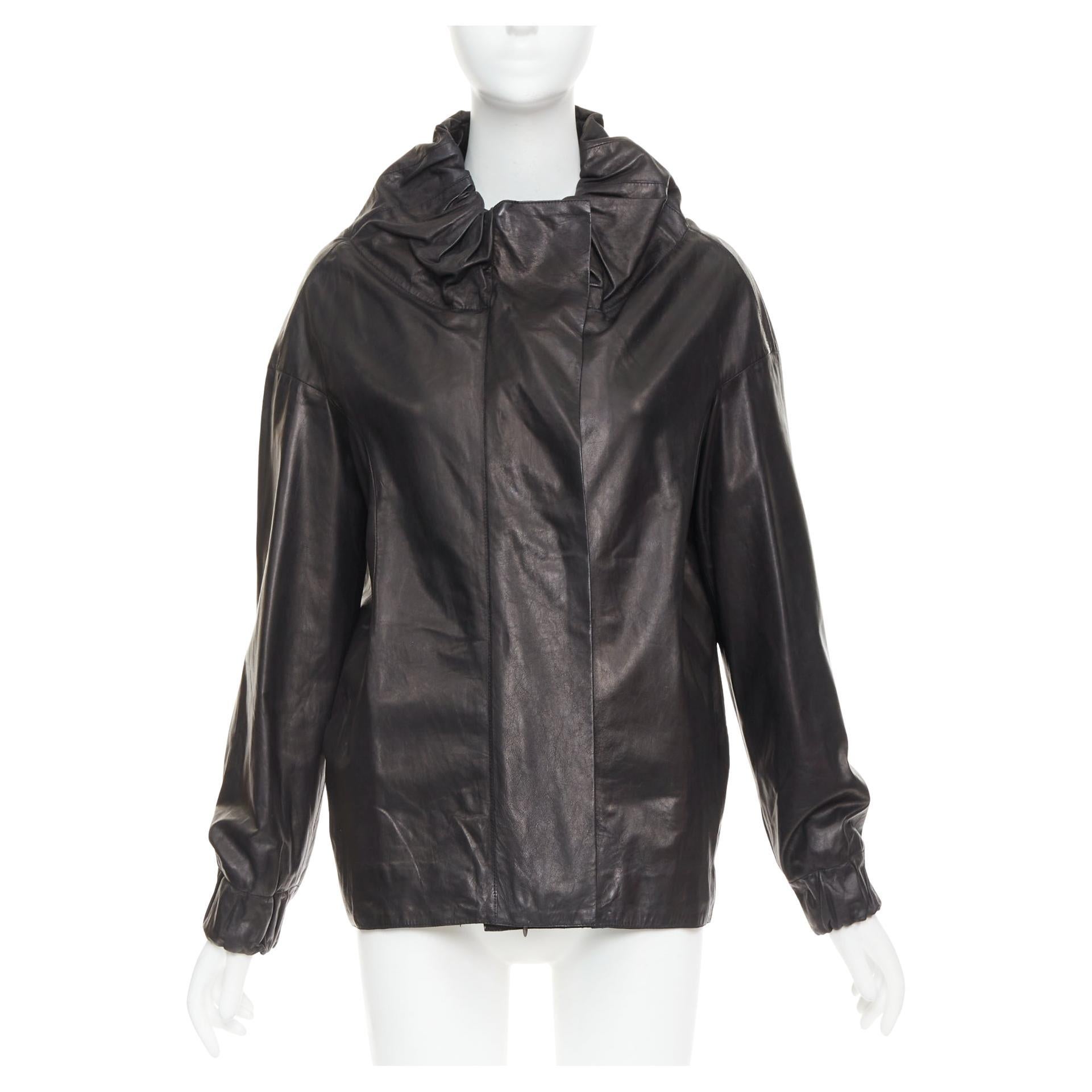 MARNI black lamb leather gathered collar zip up oversized jacket IT42 M