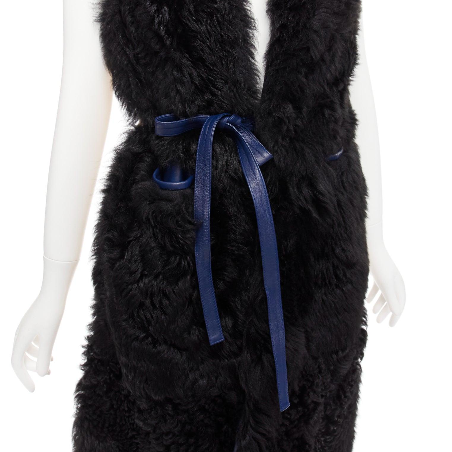 MARNI black lamb shearling fur blue leather belted belt IT38 XS For Sale 1