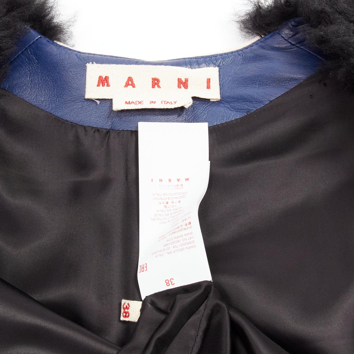MARNI black lamb shearling fur blue leather belted belt IT38 XS For Sale 4