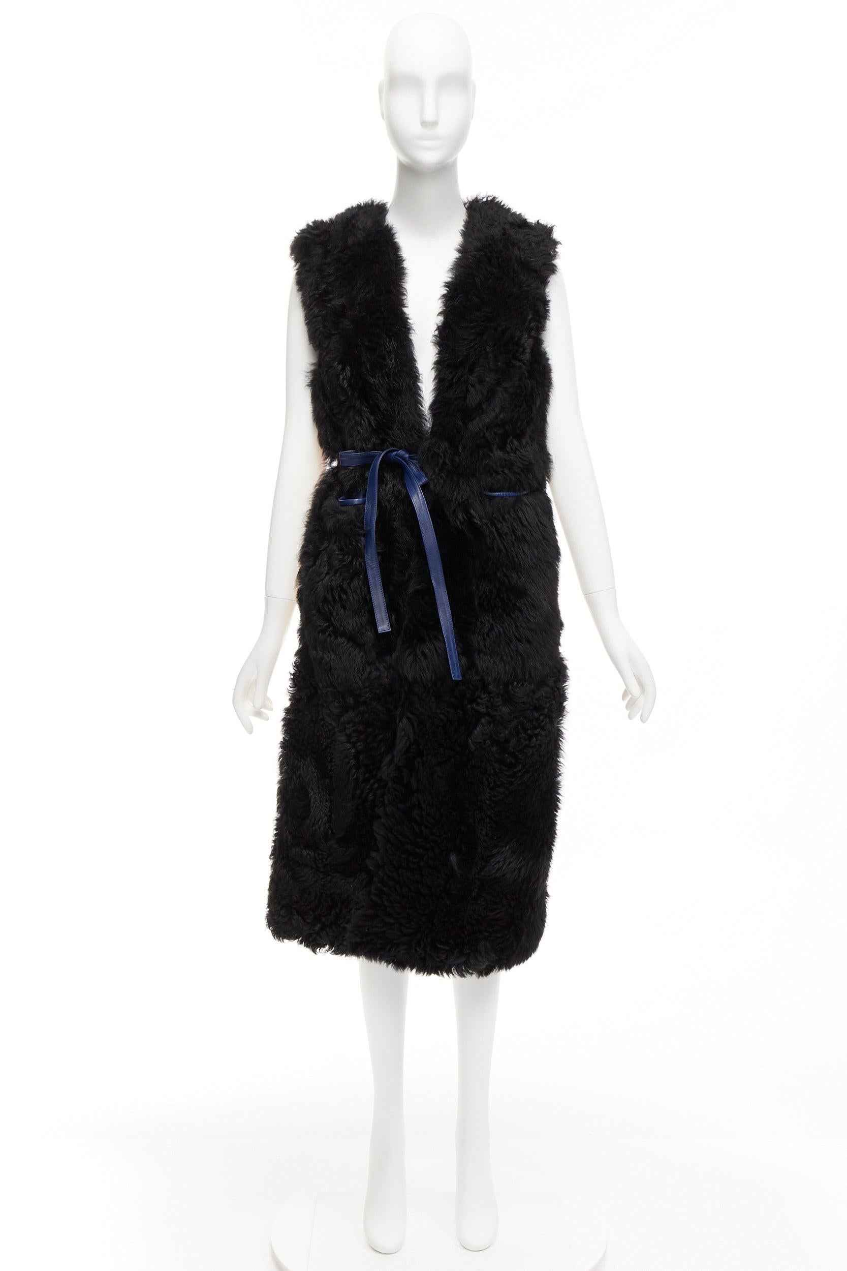 MARNI black lamb shearling fur blue leather belted belt IT38 XS For Sale 4