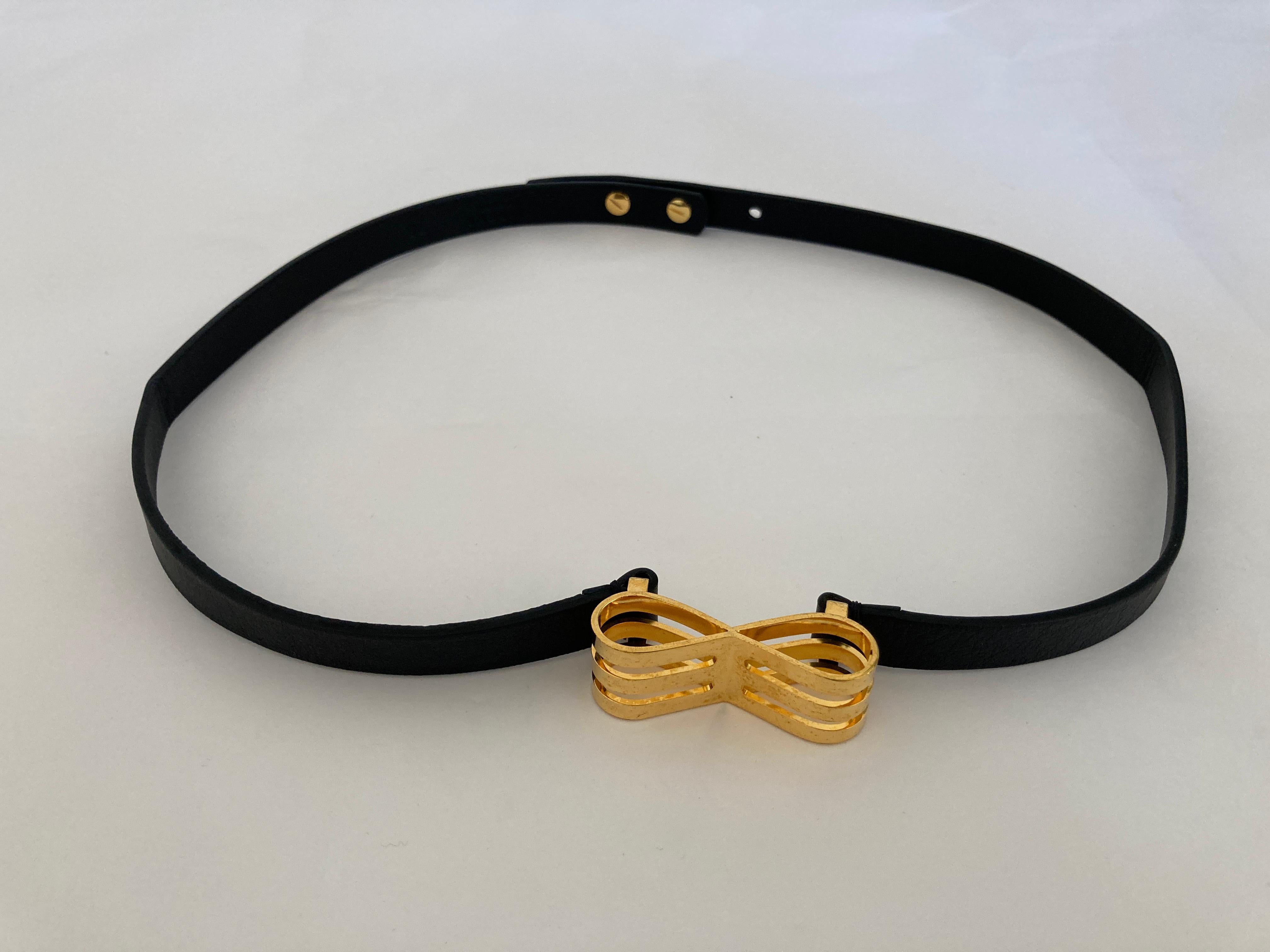 Hand-Crafted Marni Black Leather Belt with Gold Bow For Sale