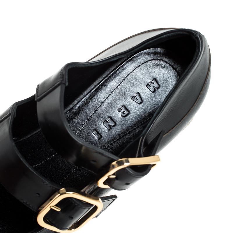 Beige Marni Black Leather Buckle Detail Platform Espadrilles Flats Size 38 For Sale