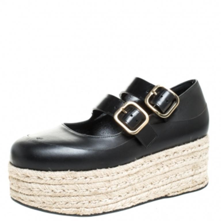 Espadrilles à plateforme en cuir noir de Marni Taille 38 en vente 2