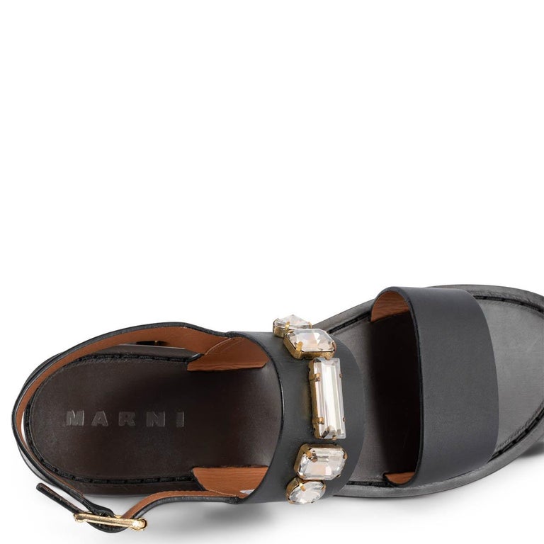 MARNI black leather CRYSTAL EMBELLISHED Flat Sandals Shoes 39 For