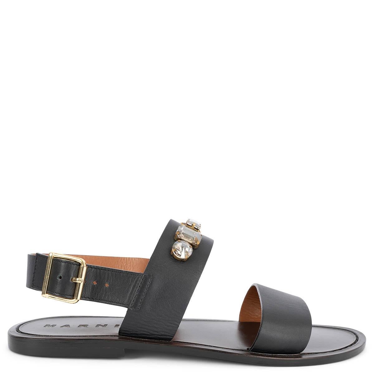 MARNI black leather CRYSTAL EMBELLISHED Flat Sandals Shoes 39 For