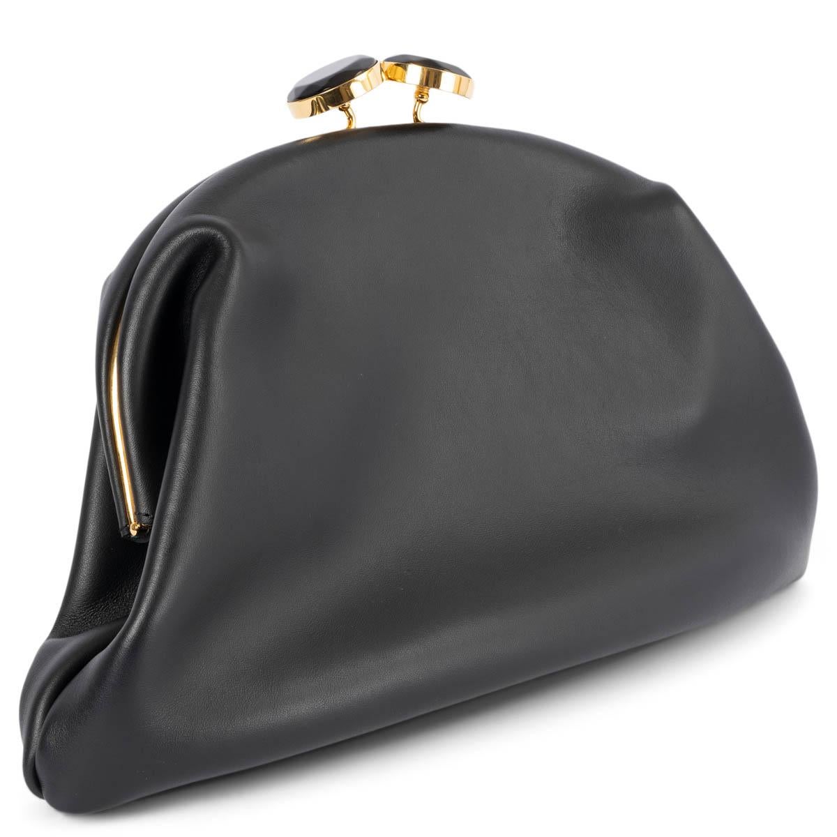 100% authentic Marni pouch clutch bag in Coal (black) smooth calfskin leather. Features a black rhinestone embellished and gold-tone kisslock closure. Lined in taupe suede with one separate zipper pouch. Has been carried and is in excellent