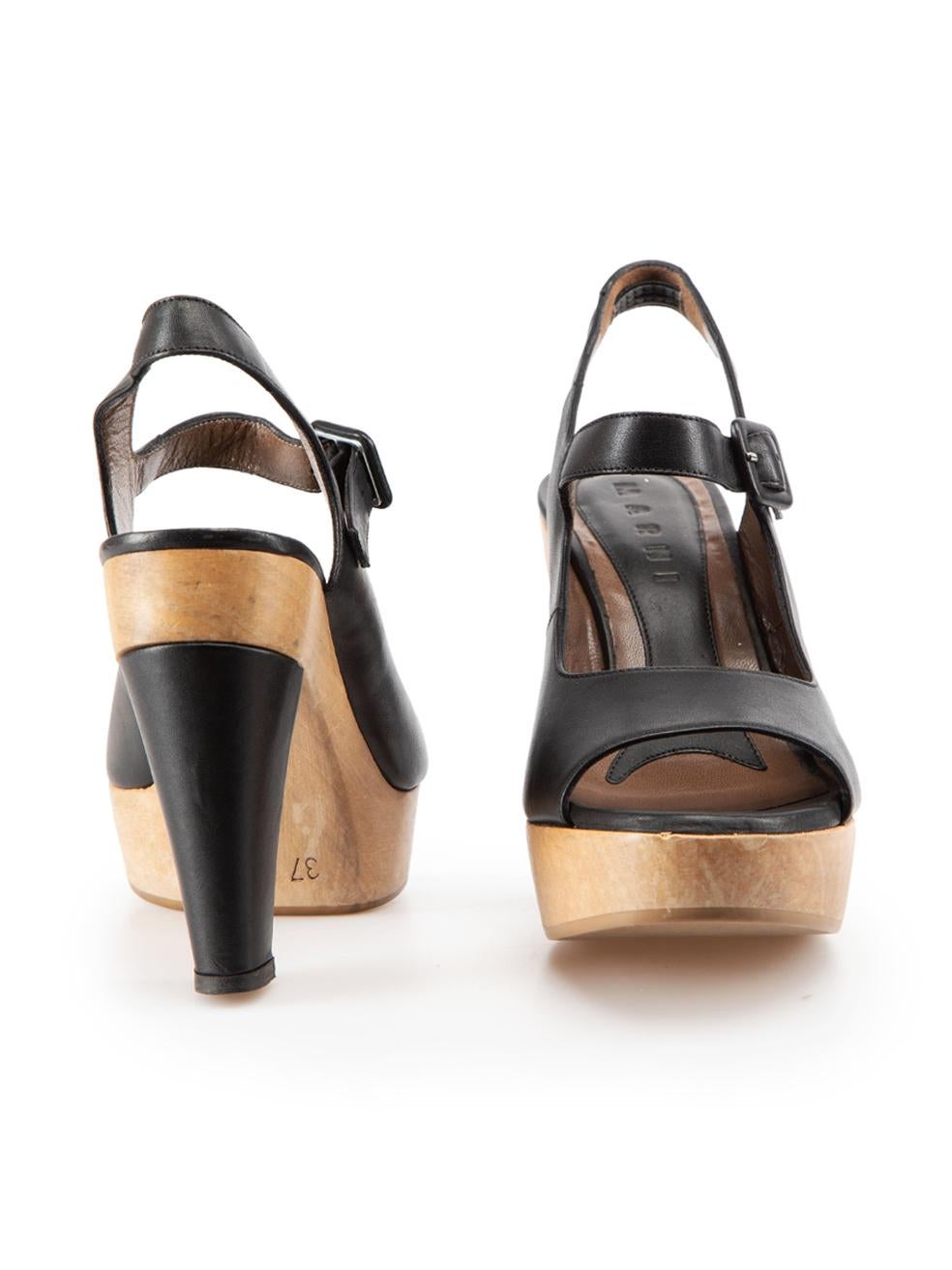 Marni Black Leather Wood Platform Sandals Size IT 37 In Excellent Condition For Sale In London, GB