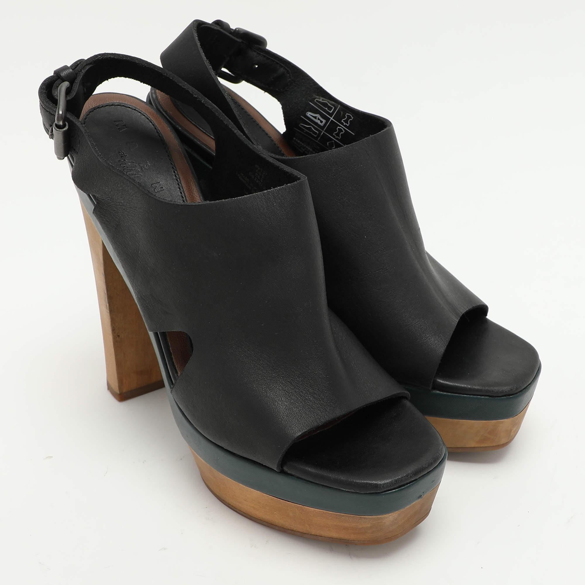 Women's Marni Black Leather Wooden Platform Slingback Sandals Size 37