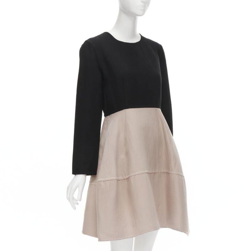 Beige MARNI black nude wool crepe long sleeve bubble skirt fit flared dress IT38 XS For Sale