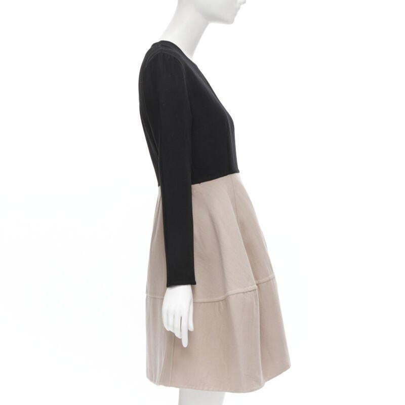 MARNI black nude wool crepe long sleeve bubble skirt fit flared dress IT38 XS In Excellent Condition For Sale In Hong Kong, NT