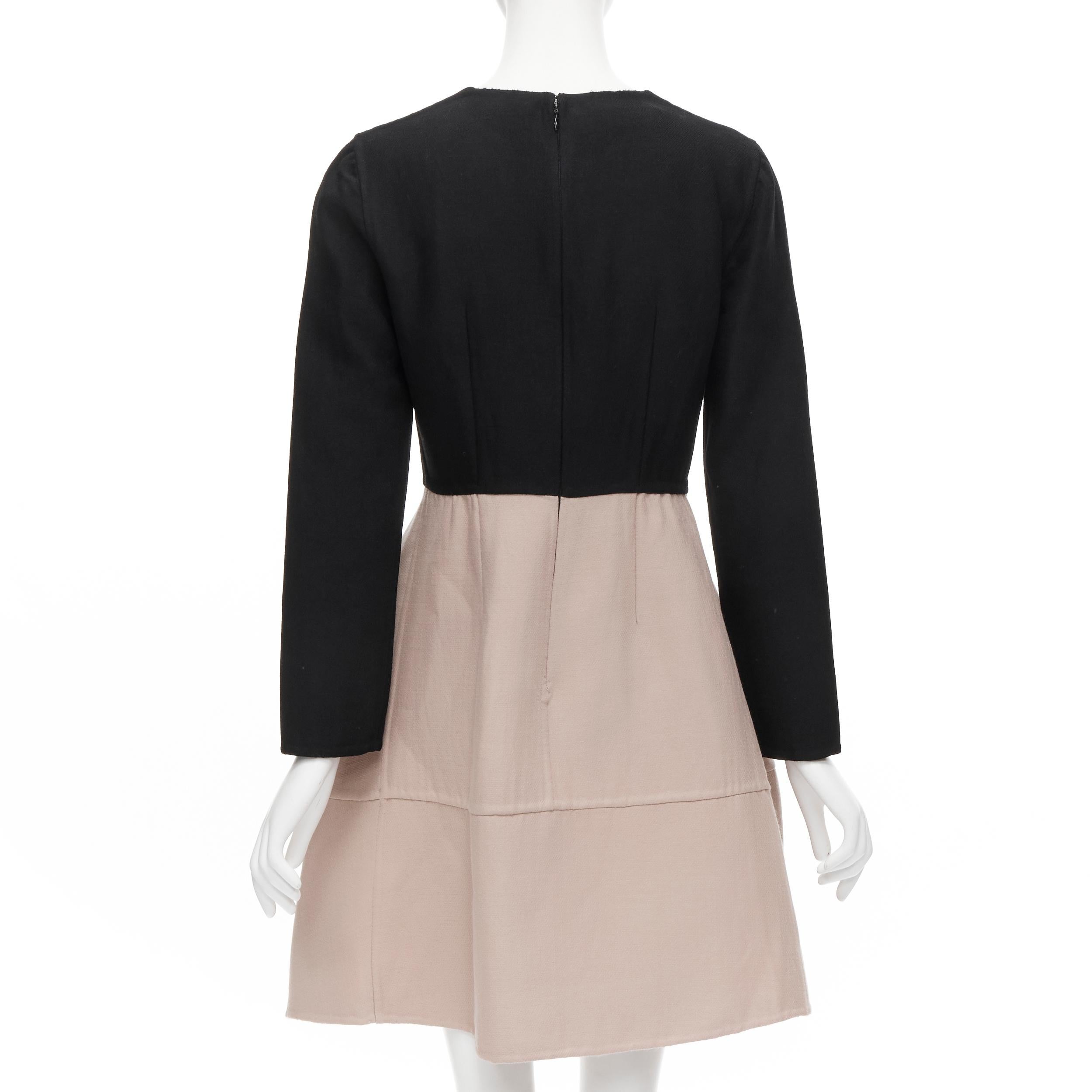 Beige MARNI black nude wool crepe long sleeve bubble skirt fit flared dress IT38 XS For Sale