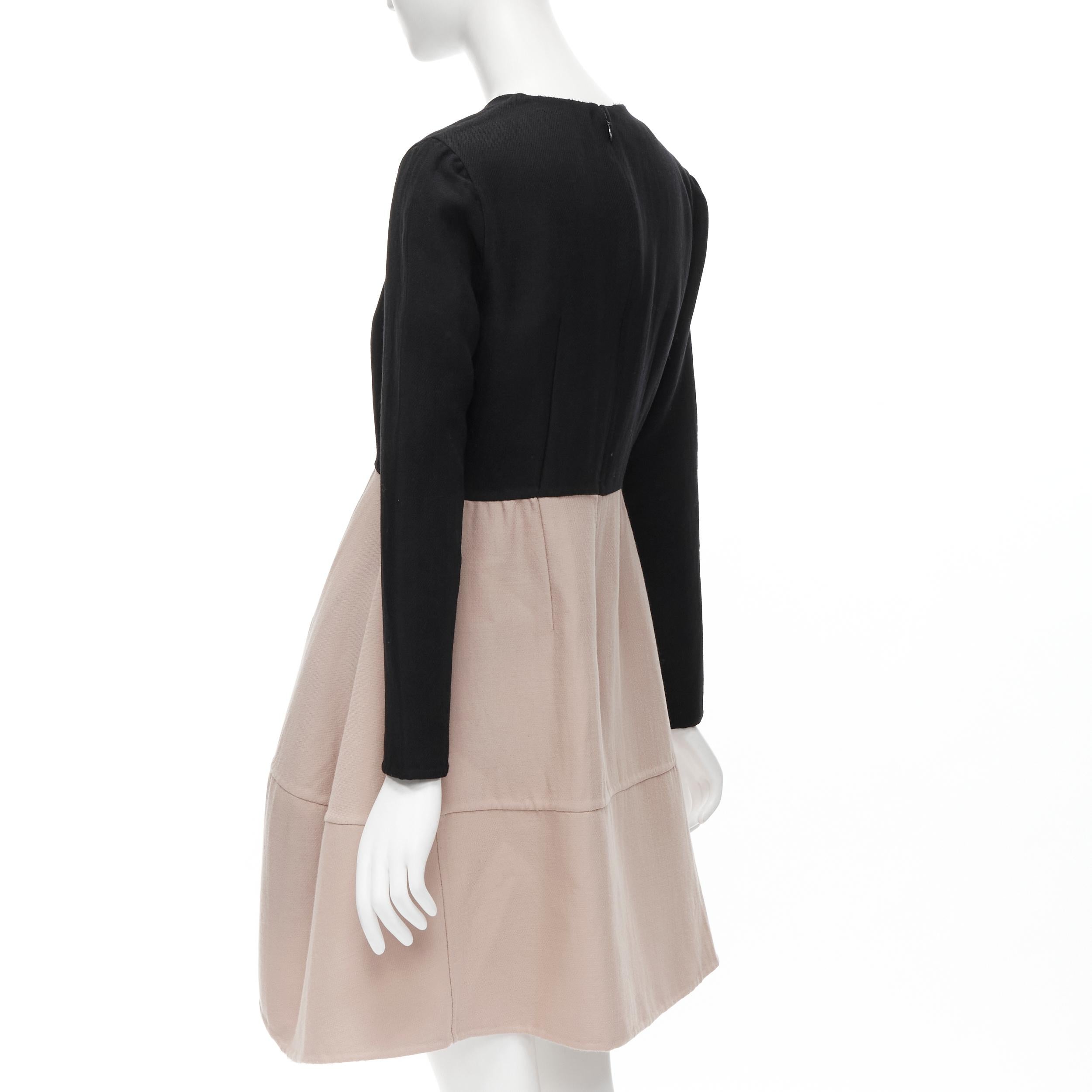 MARNI black nude wool crepe long sleeve bubble skirt fit flared dress IT38 XS In Excellent Condition For Sale In Hong Kong, NT