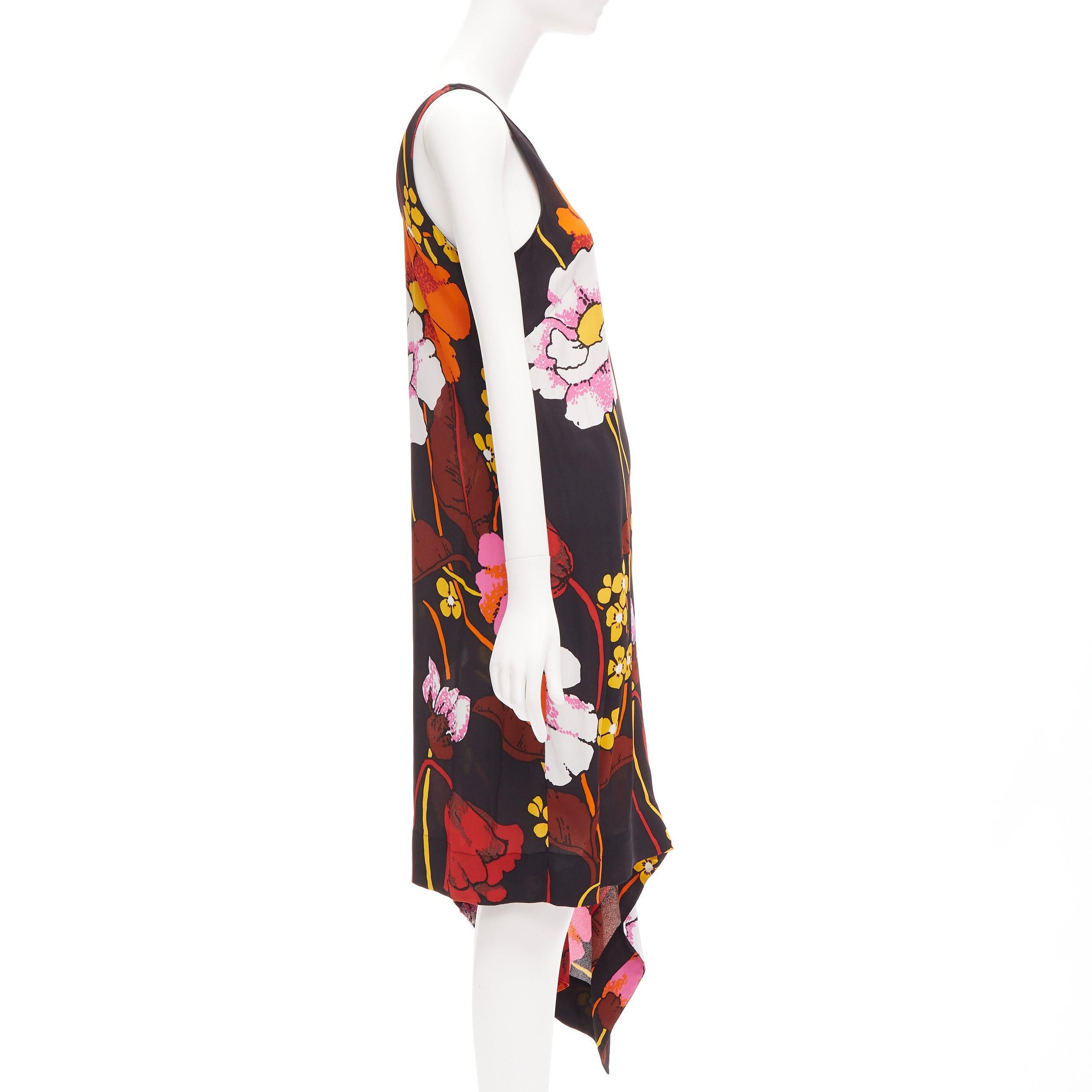 Brown MARNI black oversied floral print drape handkerchief hem sleeveless dress IT42 M For Sale