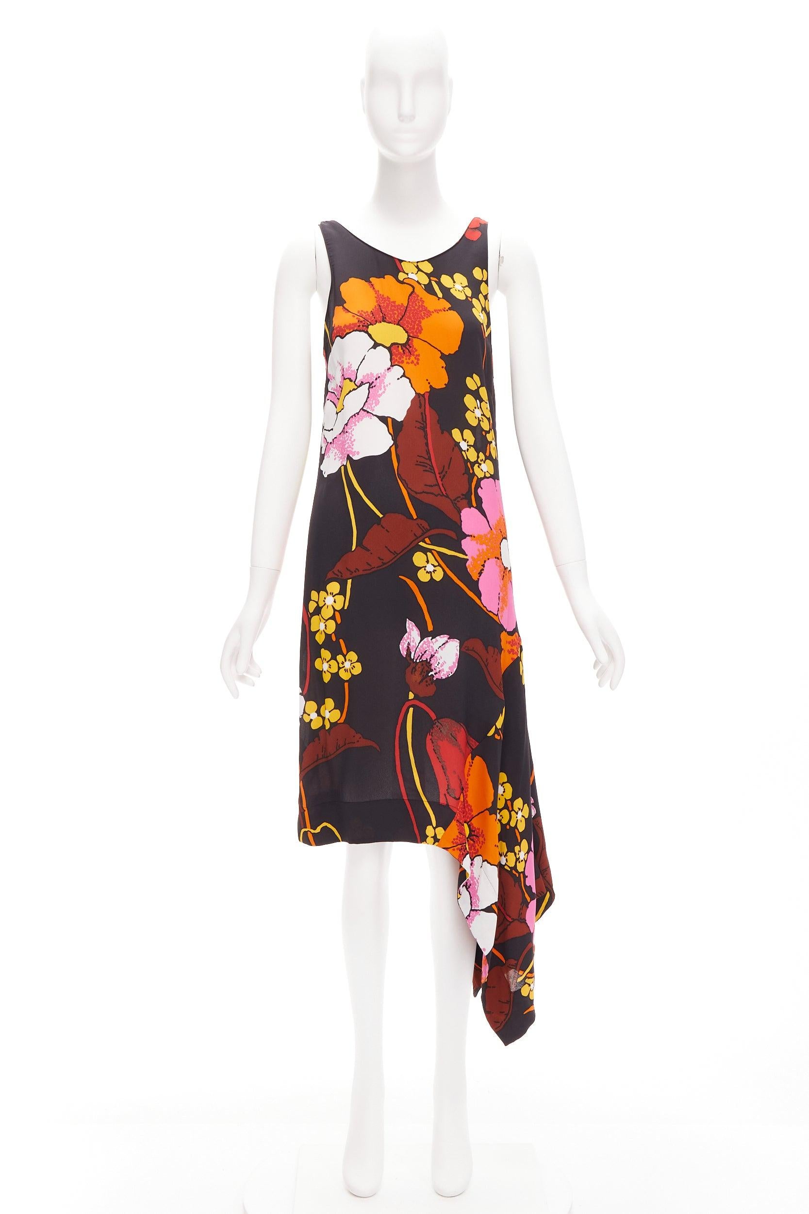 MARNI black oversied floral print drape handkerchief hem sleeveless dress IT42 M For Sale 3