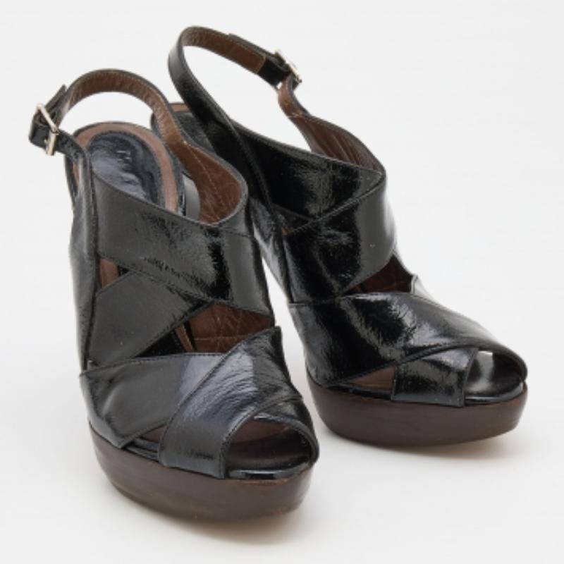 Women's Marni Black Patent Leather Slingback Platform Sandals Size 37.5 For Sale