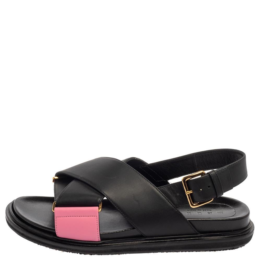 Marni Black/Pink Leather Cross-Strap Sandals Size 39.5 1