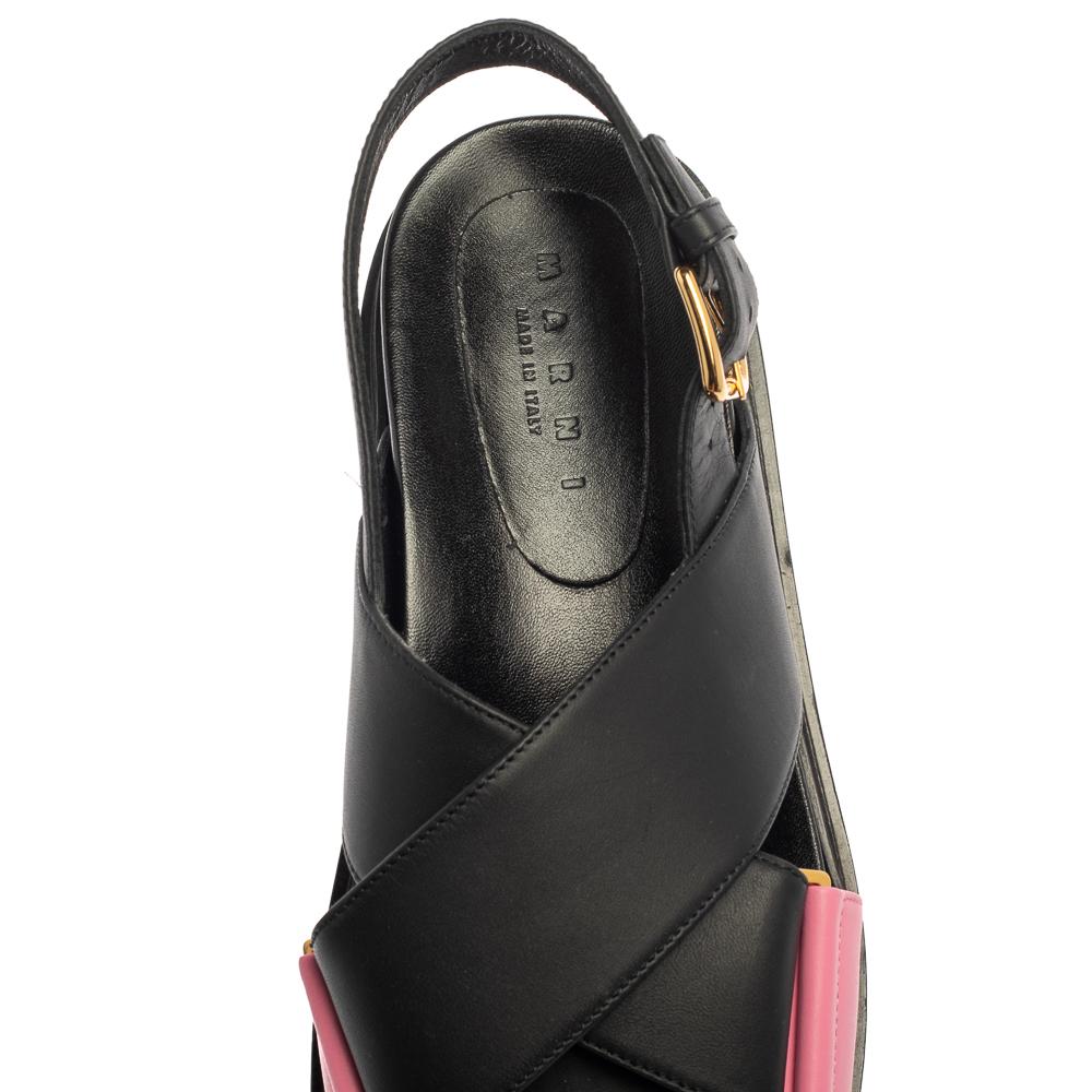 Marni Black/Pink Leather Cross-Strap Sandals Size 39.5 2