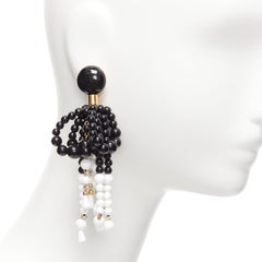 MARNI black plastic beads drop tassel statement dangling clip on earrings pair