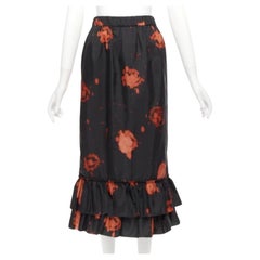 MARNI black red splatter tie dye print tiered ruffle hem midi skirt IT38 XS