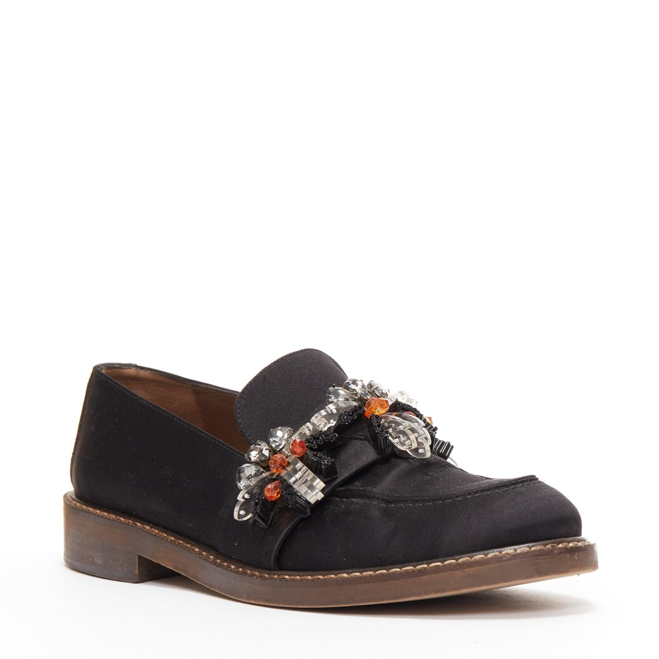 MARNI black satin clear flower beads embellished loafers EU38.5
Reference: CNPG/A00130
Brand: Marni
Material: Satin
Color: Black, Clear
Pattern: Solid
Closure: Slip On
Lining: Brown Leather
Made in: Italy

CONDITION:
Condition: Poor, this item was